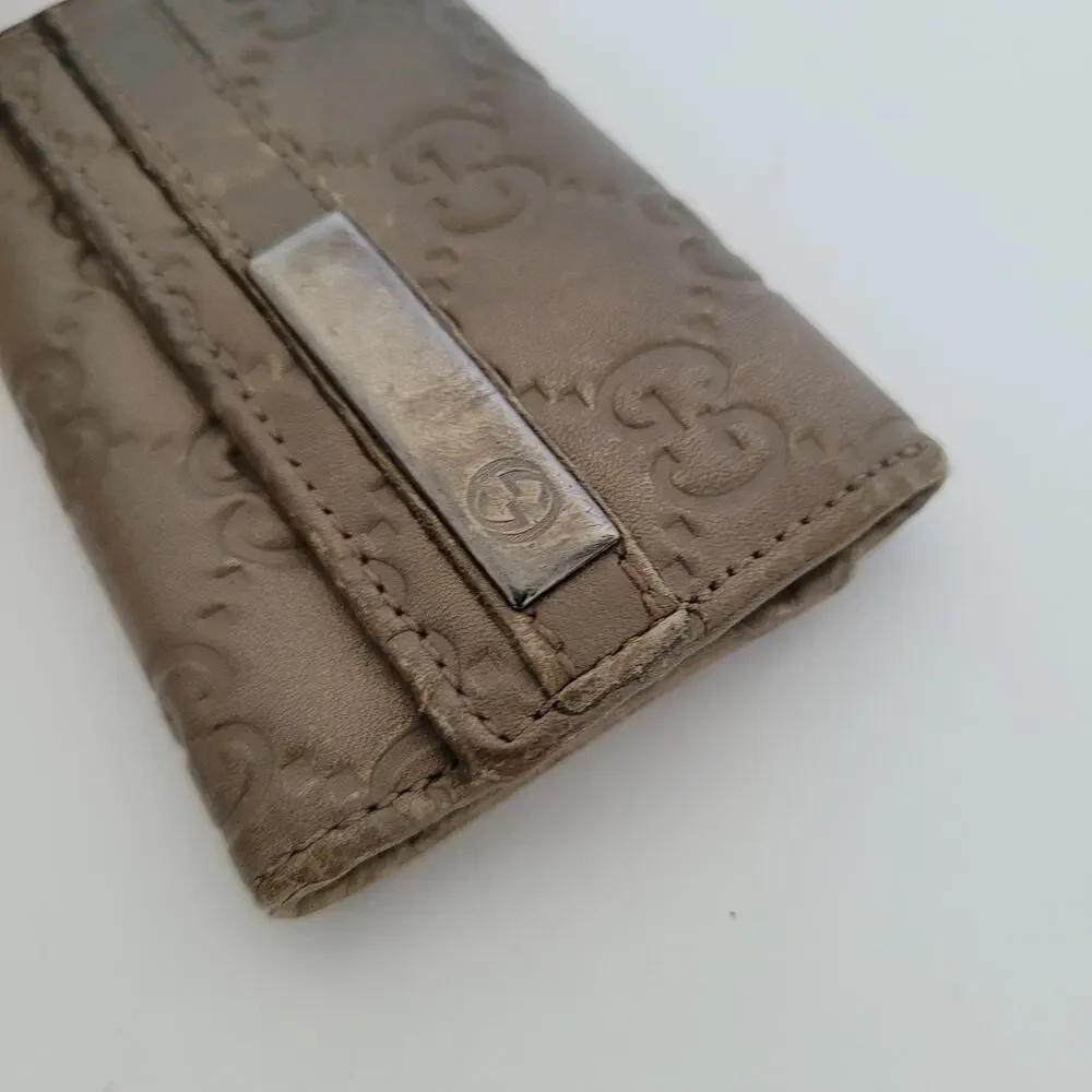 Gucci GG Key Holder Wallet Case Geniue Leather Small Gray Trifold Guccissima‎